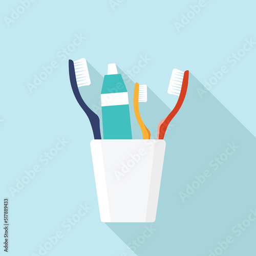 Icon with adult and child toothbrushes, toothpaste in a glass with shade, isolated in a flat illustration.