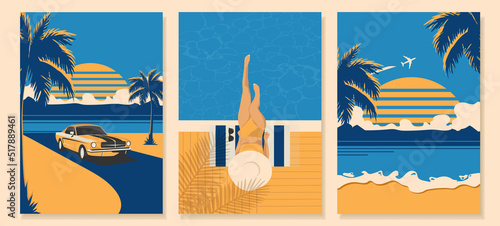 Set of summer posters in retro style with a car, a beach and a girl near the pool. Vector