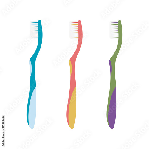 Toothbrush set on white insulated background with different colours. Dentistry concept, oral care. Vector
