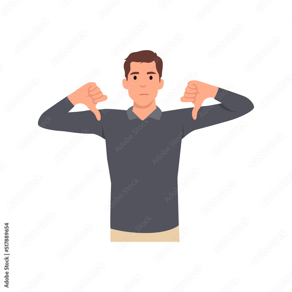 Young man showing thumbs down sign, dislike, looks with negative expression. Flat vector illustration isolated on white background Young man showing thumbs down sign, dislike, looks with negative expression. Flat vector illustration isolated on white background