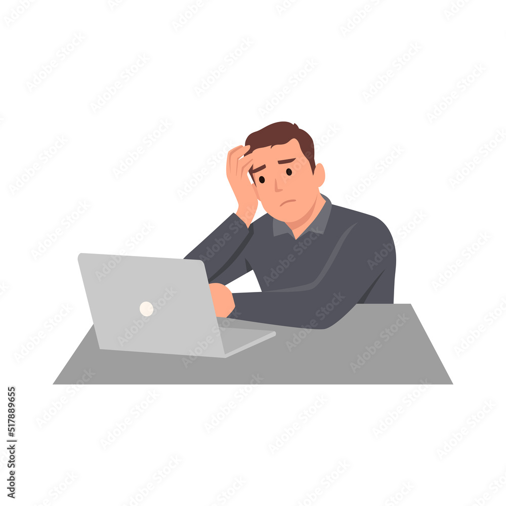 Young man unhappy sit in front of laptop squeezing head with hands. Emotions and body language concept. Stress, tension and migraine. Flat vector illustration isolated on white background Young man unhappy sit in front of laptop squeezing head with hands. Emotions and body language concept. Stress, tension and migraine. Flat vector illustration isolated on white background