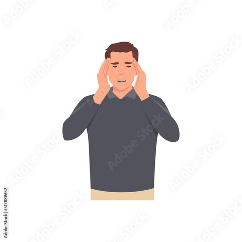 Young man unhappy squeezing head with hands. Emotions and body language concept. Stress, tension and migraine. Flat vector illustration isolated on white background