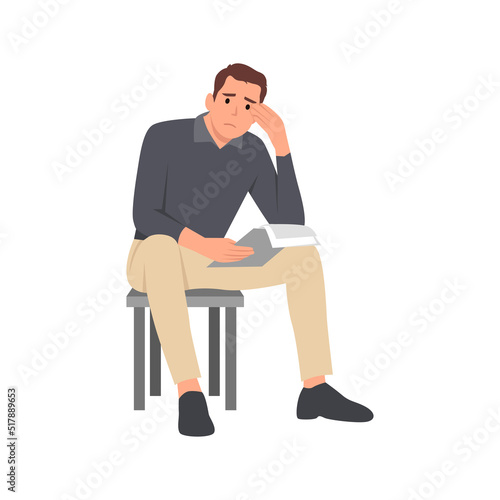 Young man tired manager working on computer. Sad or exhausted bearded man at office. Stressful work. Flat vector illustration isolated on white background photo