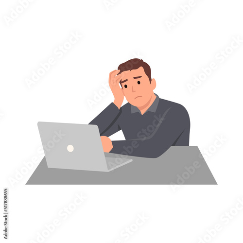 Young man unhappy sit in front of laptop squeezing head with hands. Emotions and body language concept. Stress, tension and migraine. Flat vector illustration isolated on white background
