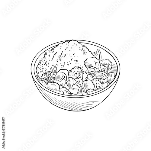 vector drawing bowl with rice,beef and vegetables, plate of asian food isolated at white background, hand drawn illustration