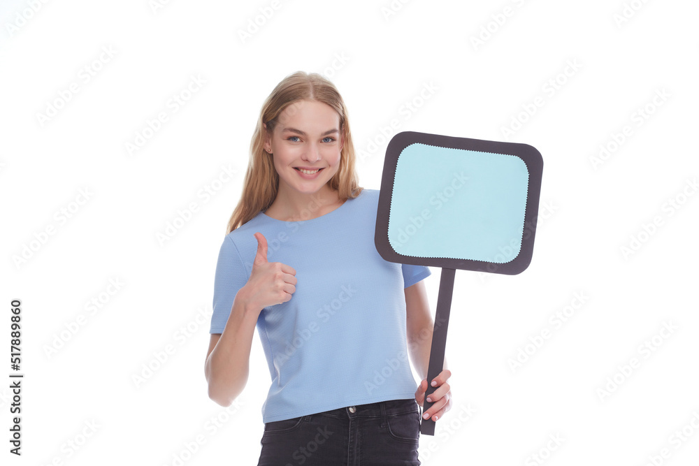 Fototapeta premium Woman holding a blank billboard isolated on white background