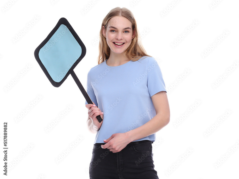 Woman holding a blank billboard isolated on white background Woman holding a blank billboard isolated on white background