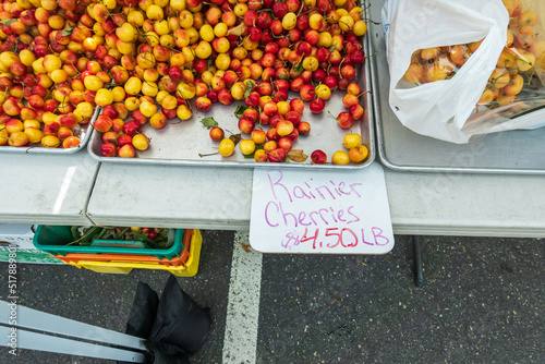 Sweet Ranier Cherries on sale at a stall in the Farmers Market in Issaquah (a Suburb of Seattle). photo
