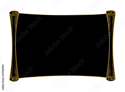 Black horizontal scroll with gold outline, ancient scroll shape with copy space for text, vector line drawing, engraving. Hand drawn illustration for vintage design, banner, boho letter.
