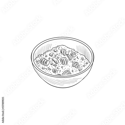 vector drawing bowl with rice, salmon fish and vegetables, plate of asian food isolated at white background, hand drawn illustration