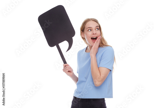 Surprised emotional woman holding signboard. Female model hold empty signboard.
