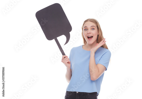 Surprised emotional woman holding signboard. Female model hold empty signboard.