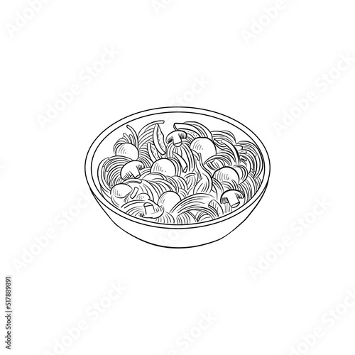 vector drawing bowl with udon noodles, mushrooms and vegetables, plate of asian food isolated at white background, hand drawn illustration