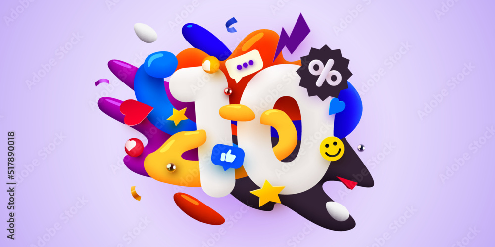 Fototapeta premium 10 percent Off. Discount creative composition. 3d sale symbol with decorative objects. Sale banner and poster. 
