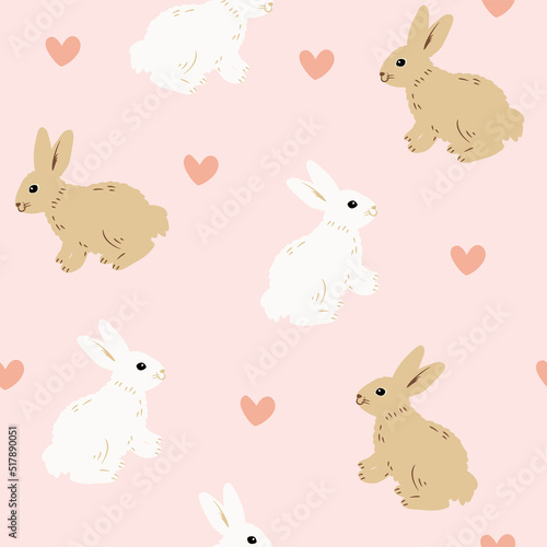 Fluffy cute brown and white rabbit seamless pattern, pink heart background.