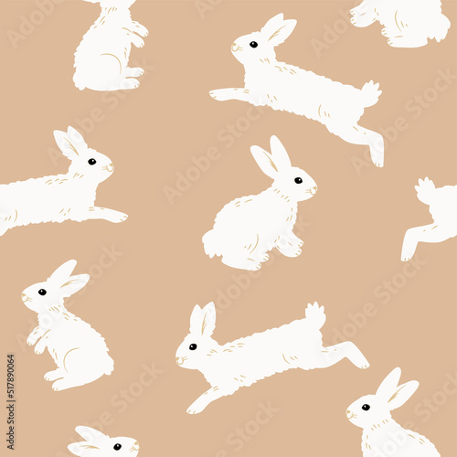 Fluffy cute white rabbit seamless pattern, brown background.