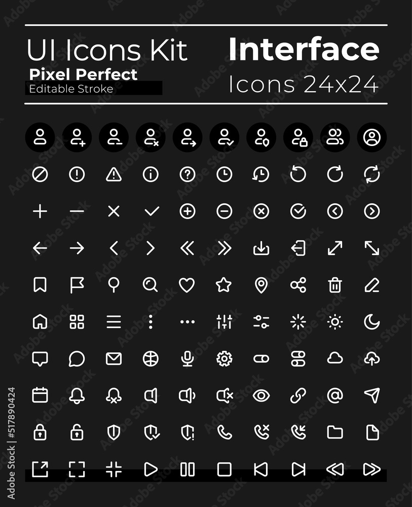 Comprehensible pixel perfect white linear ui icons set for dark theme ...
