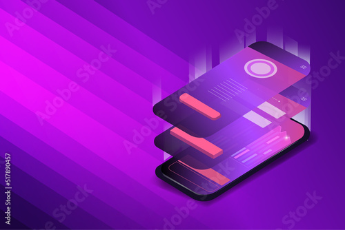 Isometric illustration of a mobile technological interface. Gradient purple background. Vector illustration