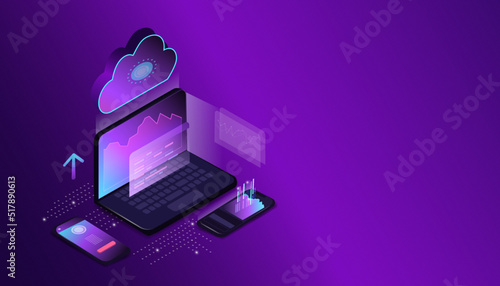 web page on a laptop screen, a mobile phone is lying, a cloud, a cloud service or an application. Modern technological background. Isometry. Conceptual banner of web technologies.