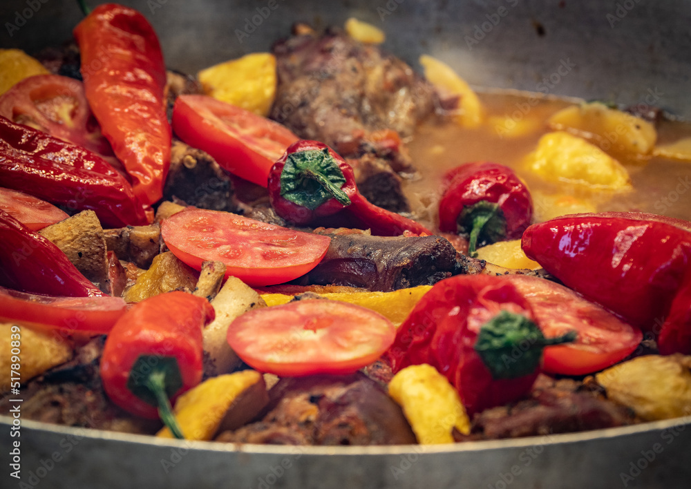 ragout with meat on the frying pan ragout with meat on the frying pan