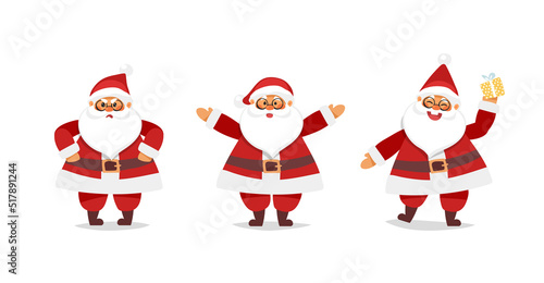 Santa claus paper cut icons set, funny christmas character. Papa Noel is dancing with a gift, an angry and cheerful Saint Nicholas. Flat cartoon design, vector isolated on white.