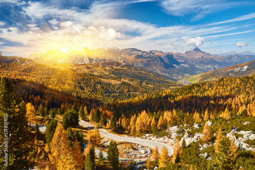 Dolomites Mountains, Passo Valparola, Cortina d'Ampezzo, Italy - panoramic view in autumn morning