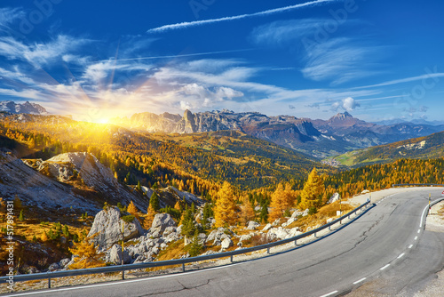 Dolomites Mountains, Passo Valparola, Cortina d'Ampezzo, Italy - panoramic view in autumn morning photo