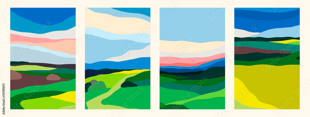 Set of four abstract Landscapes. Colorful sky, field, grass, green hills, horizon. Flat design. Nature, tourism, travel concept. Hand drawn trendy Vector illustration. Background, poster, wallpaper