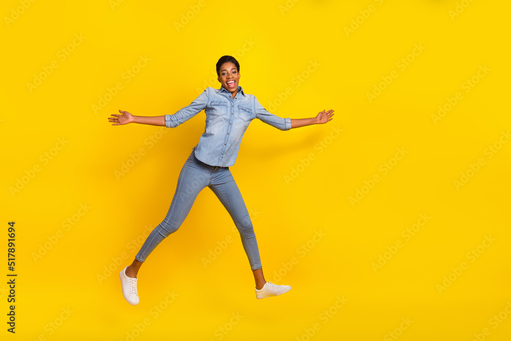 Full size photo of overjoyed excited person have fun enjoy free time isolated on yellow color background