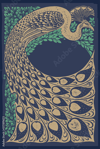 Beautiful peacock vector woodcut. Vintage graphic. Book cover design, packaging and invitations. 