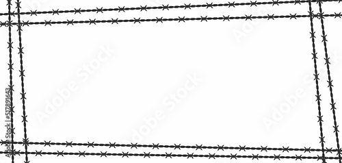 Vector illustration of barbed wire isolated on white background. Rectangular shape frame from twisted barbwire. Security fence backdrop. 