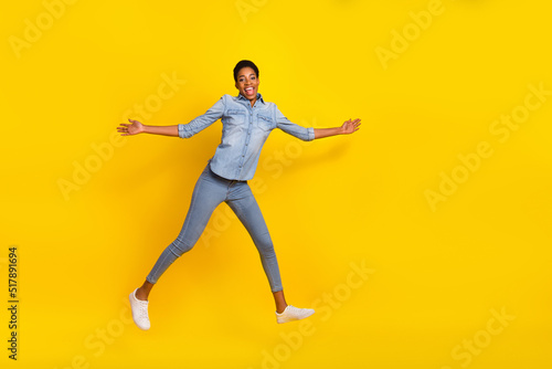 Full size photo of overjoyed excited person have fun enjoy free time isolated on yellow color background