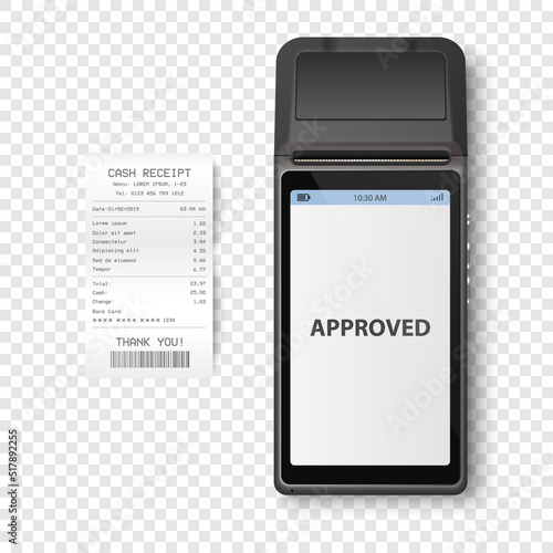 Vector 3d NFC Payment Machine with Approved Status and Paper Bill, Receipt Isolated. Wi-fi, Wireless Payment. POS Terminal, Machine Design Template, Bank Payment Contactless Terminal, Mockup. Top VIew