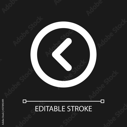 Arrow left button pixel perfect white linear ui icon for dark theme. Move back. Previous track. Vector line pictogram. Isolated user interface symbol for night mode. Editable stroke. Arial font used