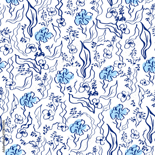 Hand drawn floral print on white background for fabric and paper. Vector illustration