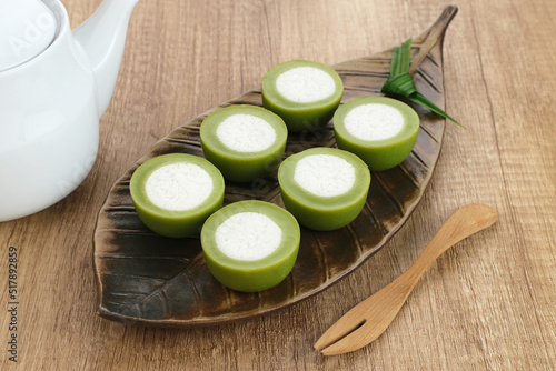 Kue Nona Manis, traditional Indonesian cake made from wheat flour, rice flour, sugar, salt, coconut milk, and pandan leaves, then steamed. 
