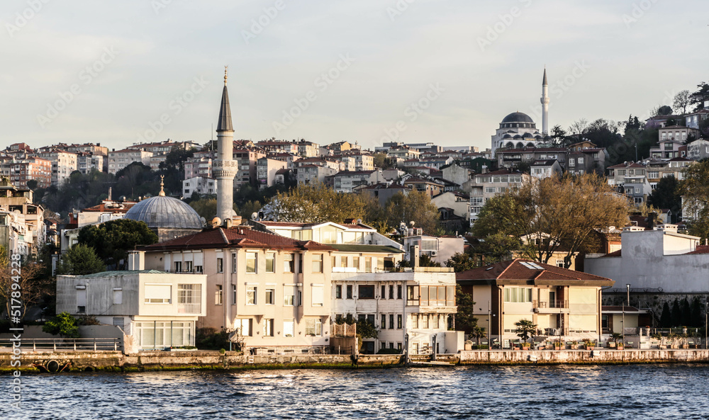  Istanbul, Turkey - April 2022: View of a district in Asian part of Istanbul. View from a cruise ship on Bosporus Strait
