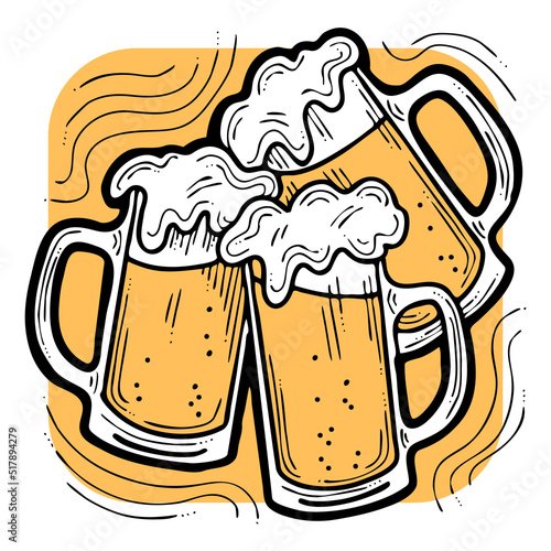 Beer mug full of foamy cold drink. Traditional German beverage. Octoberfest symbol, brewery logo, advertising sign for poster design or postcard. Hand drawn illustration. Cartoon style drawing.