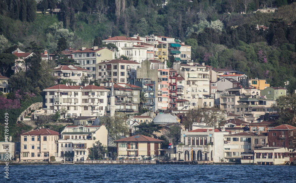 View over the houses and villas on the coastline of Bosphorus strait. View from the touristic boat during the cruise on Bosporus, Istanbul, Turkey