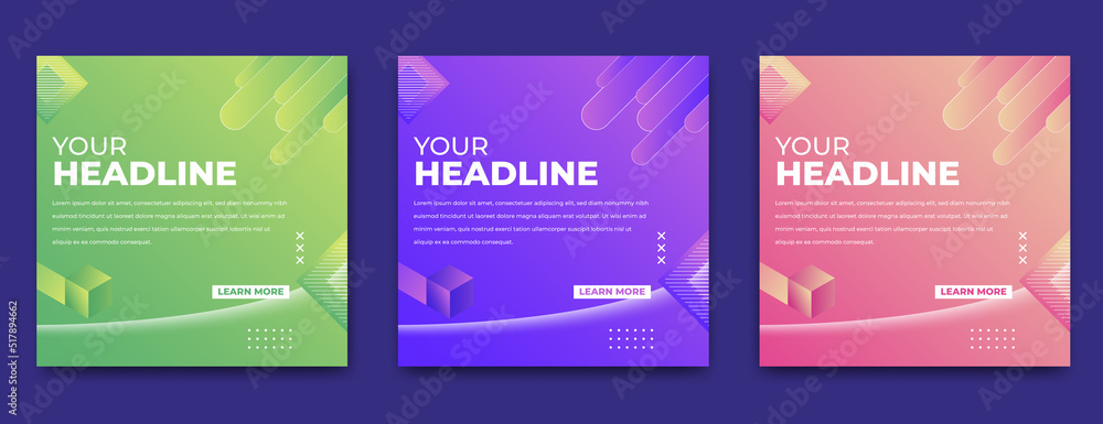 Fototapeta premium Set of Modern colorful square backgrounds template with space for text. Usable for social media post, card, and web. Flat vector design