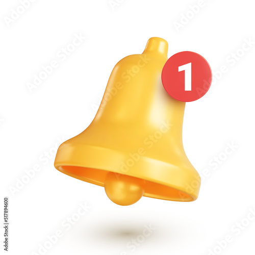 Bell icon with notification counter. Realistic golden bell, concept of a new message notification in social media, instant messengers or email. 3d vector illustration on white background