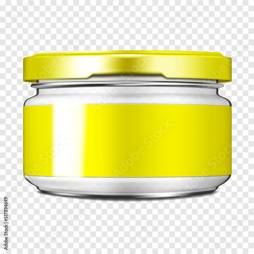 Empty glass jar with metal screw lid and blank label on transparent background realistic vector mock-up. Food or cosmetic product packaging. Template for design