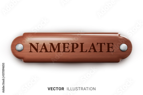 Realistic wooden nameplate. Retro style, wood grain. 3D vector illustration isolated on white background
