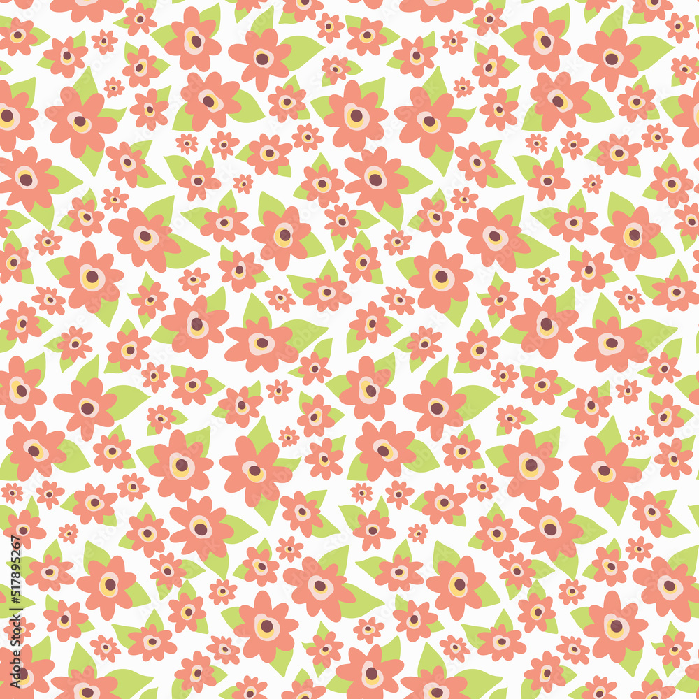 Seamless floral pattern with cute spring meadow, small decorative plants. Pretty ditsy print, botanical background with tiny pink flowers, leaves on a white surface. Vector illustration.