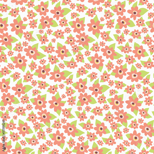 Seamless floral pattern with cute spring meadow, small decorative plants. Pretty ditsy print, botanical background with tiny pink flowers, leaves on a white surface. Vector illustration.