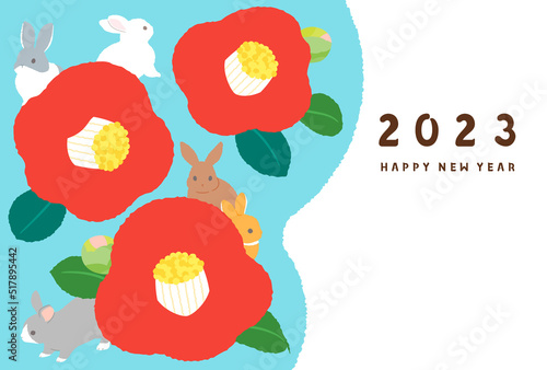年賀状　2023年　デザイン　イラスト　椿とウサギ　卯年　横構図