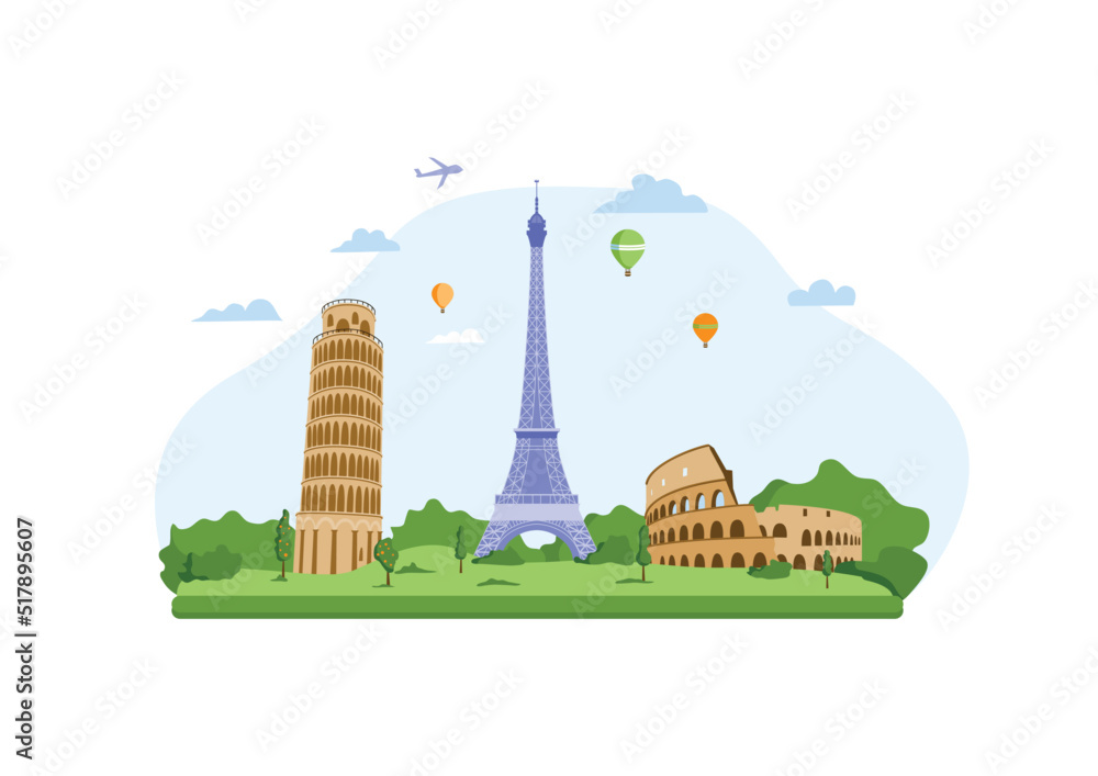 Travel, tourist attractions, Europe, Eiffel Tower, leaning Tower of Pisa, Colosseum. Flat style