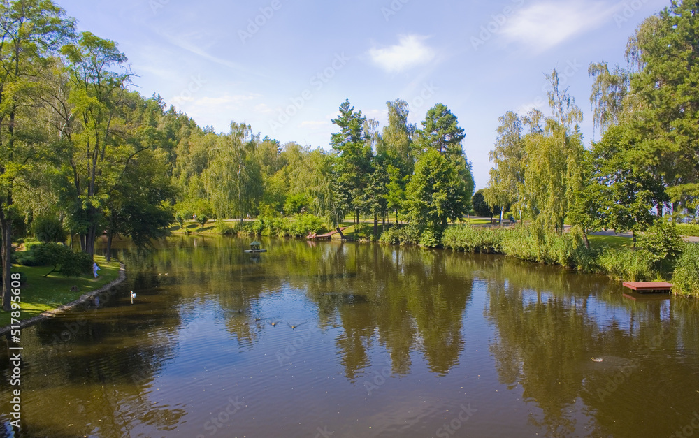 Lake in the park in Mezhyhirya (former ex-president residence of President Yanukovych) in Kyiv region, Ukraine	