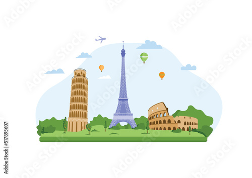 Travel, tourist attractions, Europe, Eiffel Tower, leaning Tower of Pisa, Colosseum. Flat style