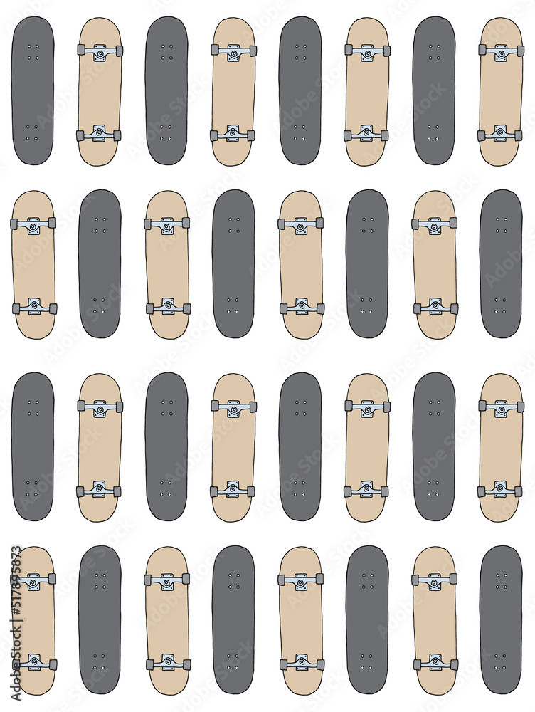 Vector seamless pattern of hand drawn sketch doodle colored skateboard and hearts isolated on white background